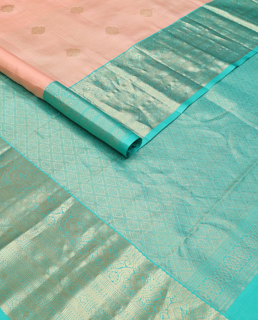 Pink zari design silksaree, contrast jaal pallu & border of thilakam,mayil,muthu,kathir,lavangam & diamond motifs