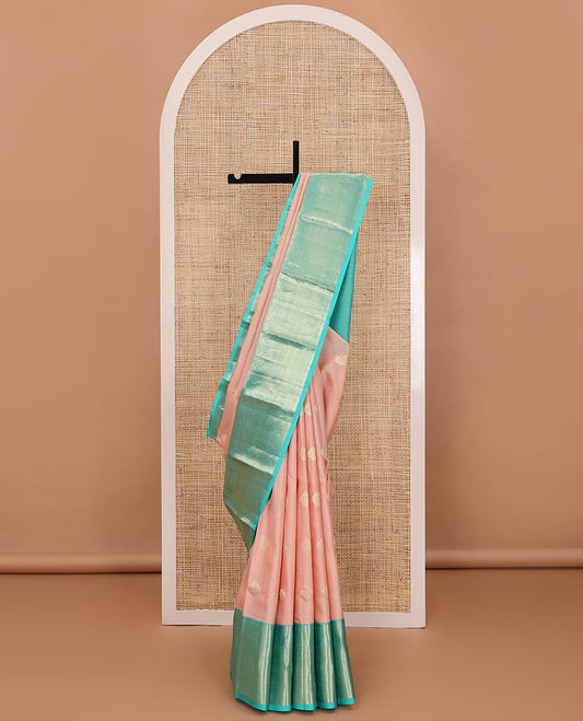 Pink zari design silksaree, contrast jaal pallu & border of thilakam,mayil,muthu,kathir,lavangam & diamond motifs