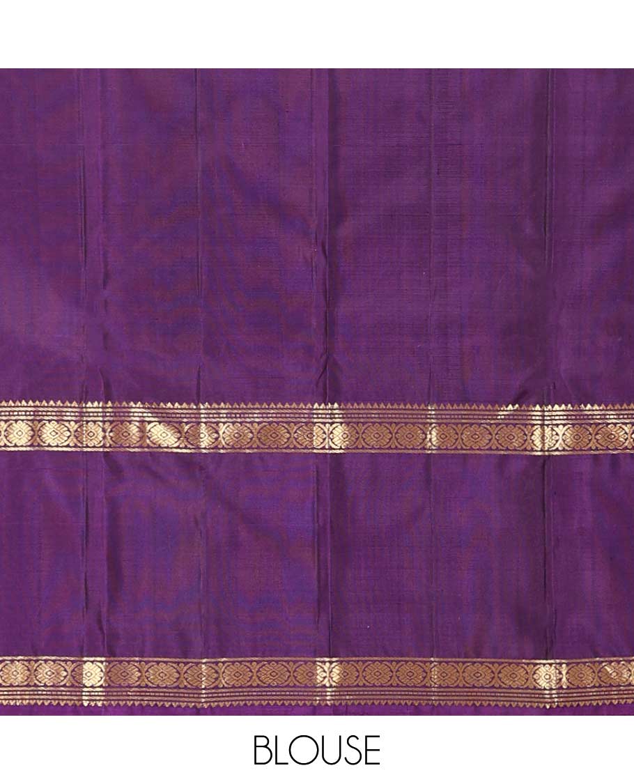 Pink buttas Kanchipuram silk saree, contrast border of rekku, banaras, muthu, and laddu kamalam, and jaal pallu