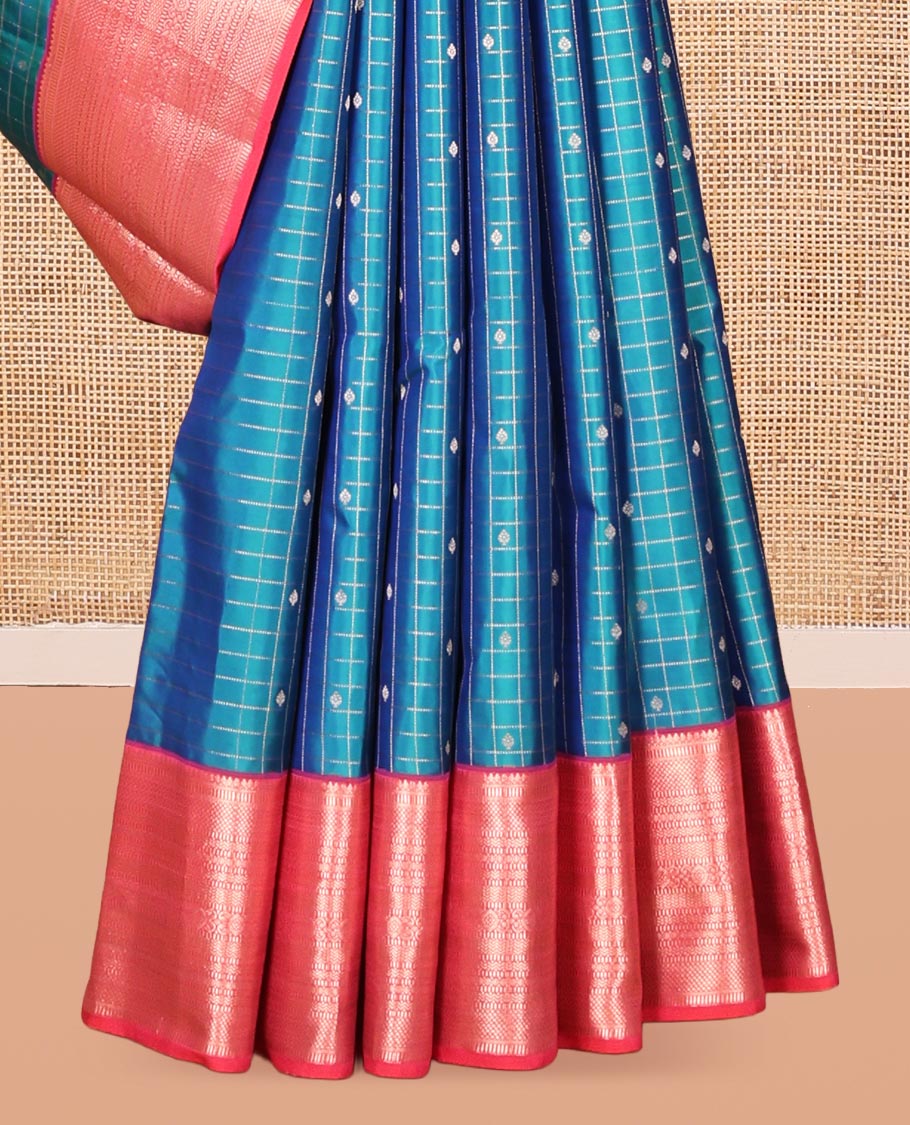 Blue Vasundhara Silk Saree, Featuring Zari Butta Enclosed Checks, a Contrast Border of Thilakam Mokku, Muthu, Mayil Kann, Rettai Neli, and Vanki Designs, Jaal Pallu, and Contrast Blouse