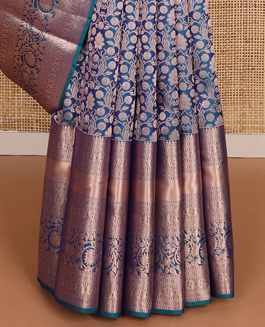 Blue floral jacquard wedding silk saree, intricate pallu & zari border of thilakam,kamalam,manga & kodi visiry designs