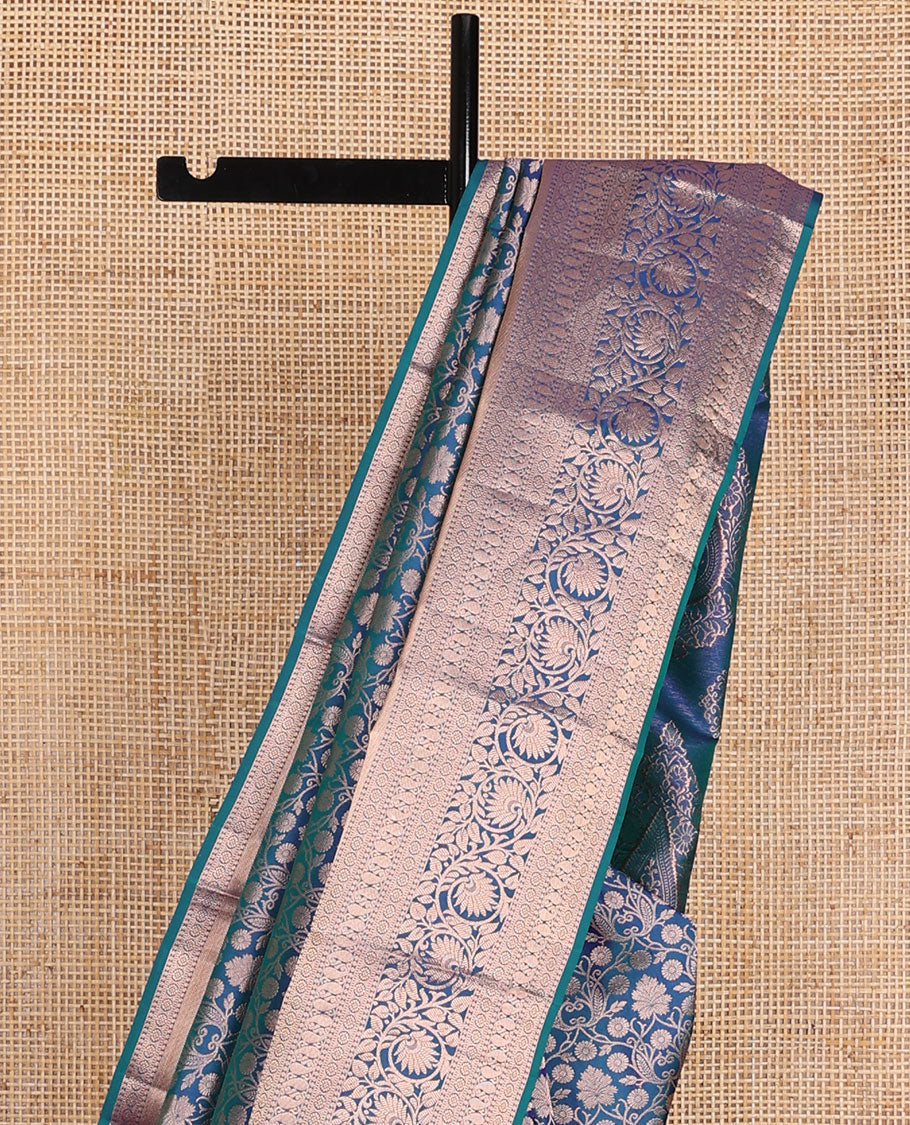 Blue floral jacquard wedding silk saree, intricate pallu & zari border of thilakam,kamalam,manga & kodi visiry designs