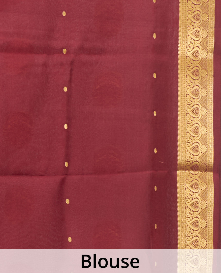 Peach Mysore Silk Saree, Embellished with Zari Buttas All Over Its Body, Complemented by a Contrast Traditional Zari Design Border, Zari-Buttas Woven Pallu, and Paired with a Contrast Blouse