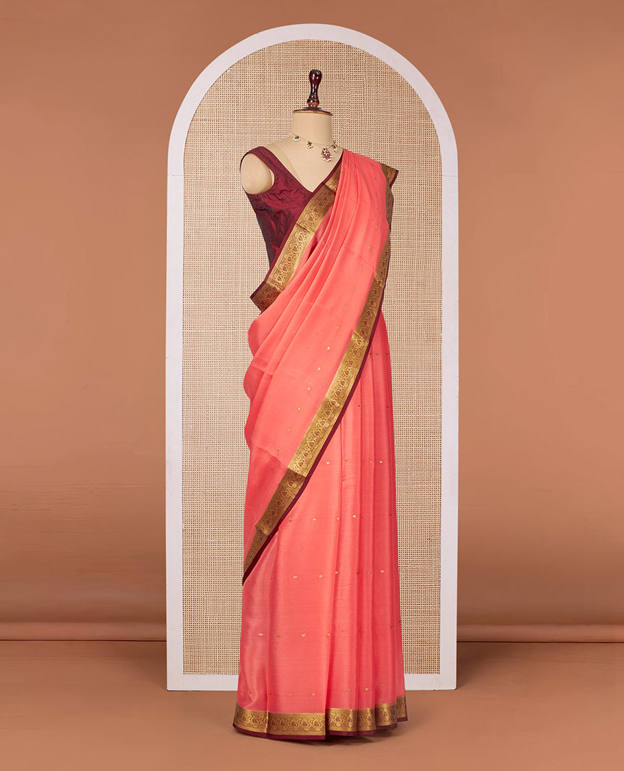 Peach Mysore Silk Saree, Embellished with Zari Buttas All Over Its Body, Complemented by a Contrast Traditional Zari Design Border, Zari-Buttas Woven Pallu, and Paired with a Contrast Blouse