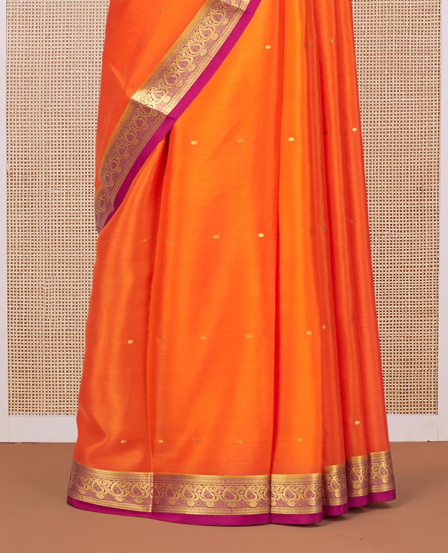 Orange Mysore Silk Saree, Finely Crafted with Zari Buttas All Over Its Body, Complemented by a Contrast Traditional Zari Design Border, Zari-Buttas Woven Pallu, and Paired with a Contrast Blouse