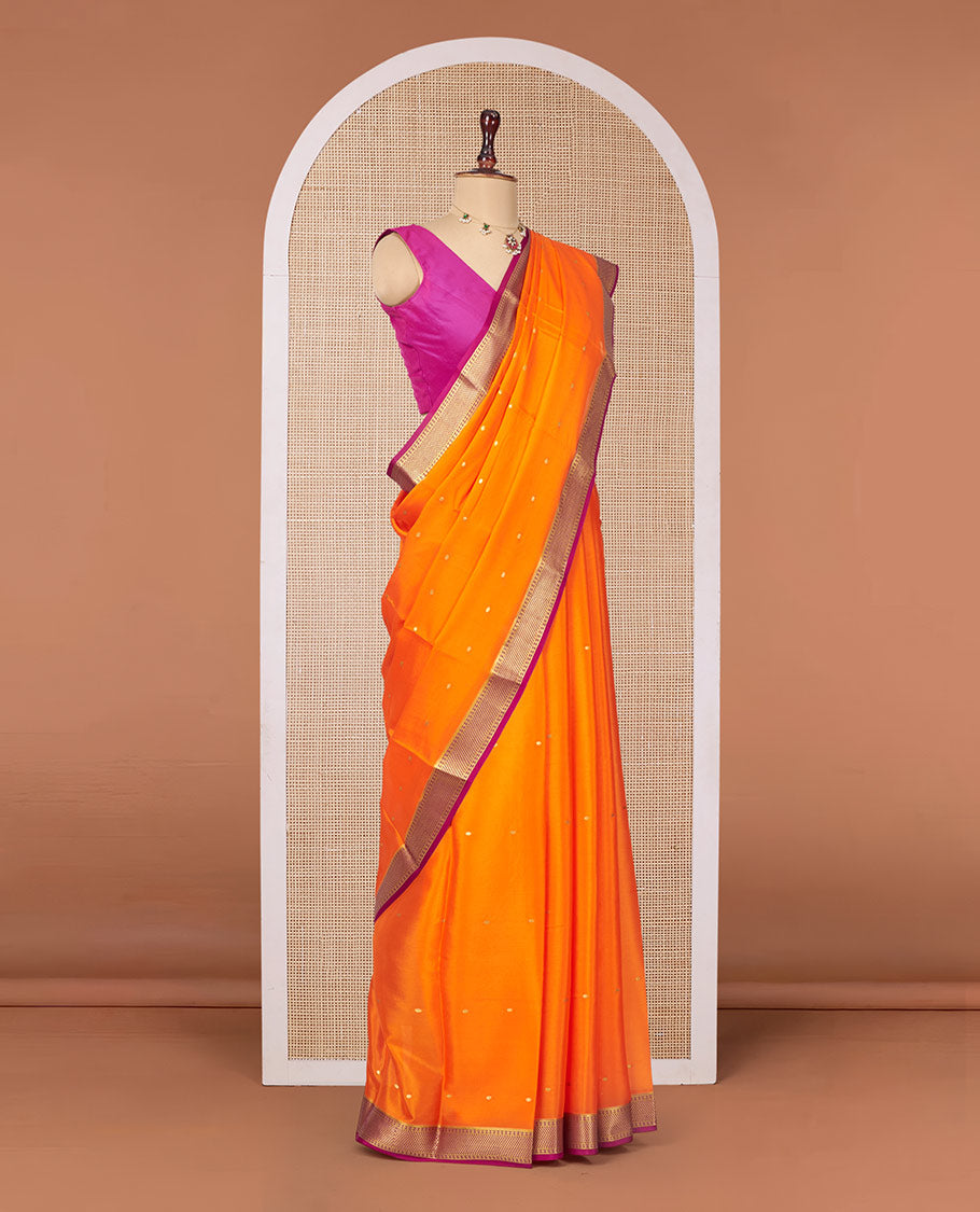 Orange Mysore Silk Saree, Prettified with Zari Buttas All Over Its Body, Complemented by a Contrast Traditional Zari Design Border, Zari-Buttas Woven Pallu, and Paired with a Contrast Blouse