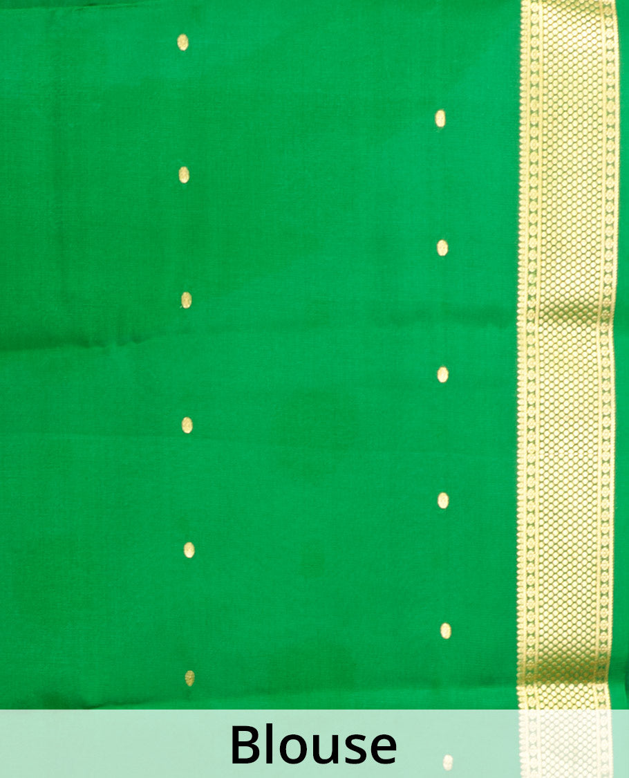 White Mysore Silk Saree, Ornamented with Zari Buttas All Over Its Body, Complemented by a Contrast Traditional Zari Design Border, Zari-Buttas Woven Pallu, and Paired with a Contrast Blouse
