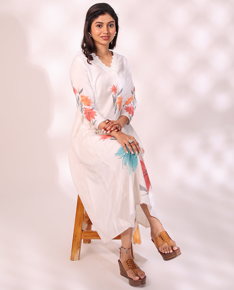 Enthralling white floral printed V-neck and 3/4th sleeve readymade cotton below-knee umbrella kurti