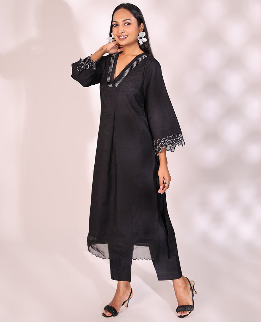 Inky black thread work V-neck scallop floral embroidered 3/4th sleeve straight-cut below-knee readymade cotton salwar suit with pants
