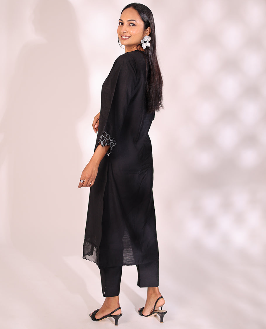 Inky black thread work V-neck scallop floral embroidered 3/4th sleeve straight-cut below-knee readymade cotton salwar suit with pants