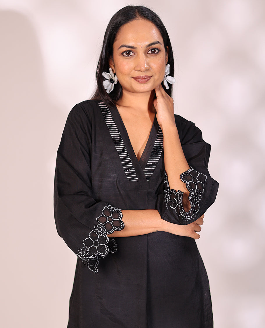 Inky black thread work V-neck scallop floral embroidered 3/4th sleeve straight-cut below-knee readymade cotton salwar suit with pants
