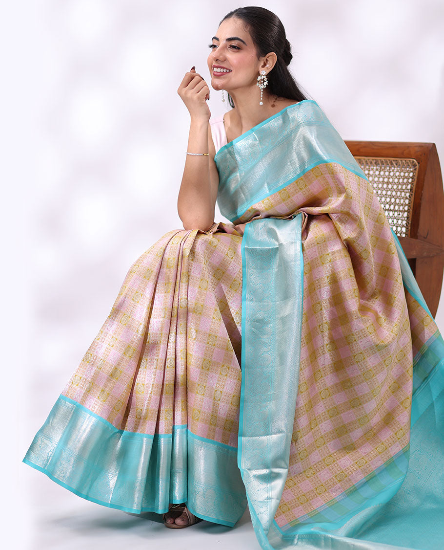 multi-color floral, annam design kancheepuram silk saree with contrast border of thilakam mokku, banaras, muthu, mayil design & zari design pallu