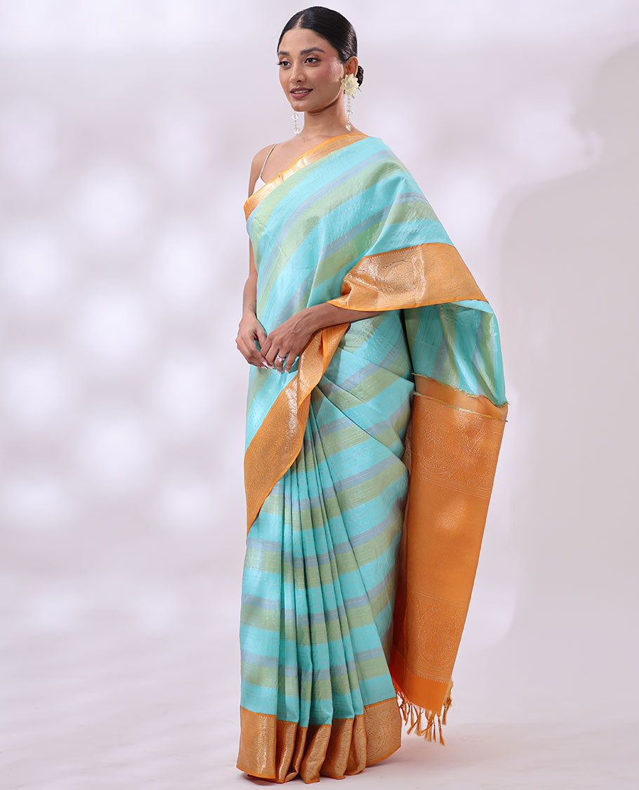 Multi-color striped kancheepuram silk saree with contrast border of banaras, kathir, horse design & intricate zari design pallu