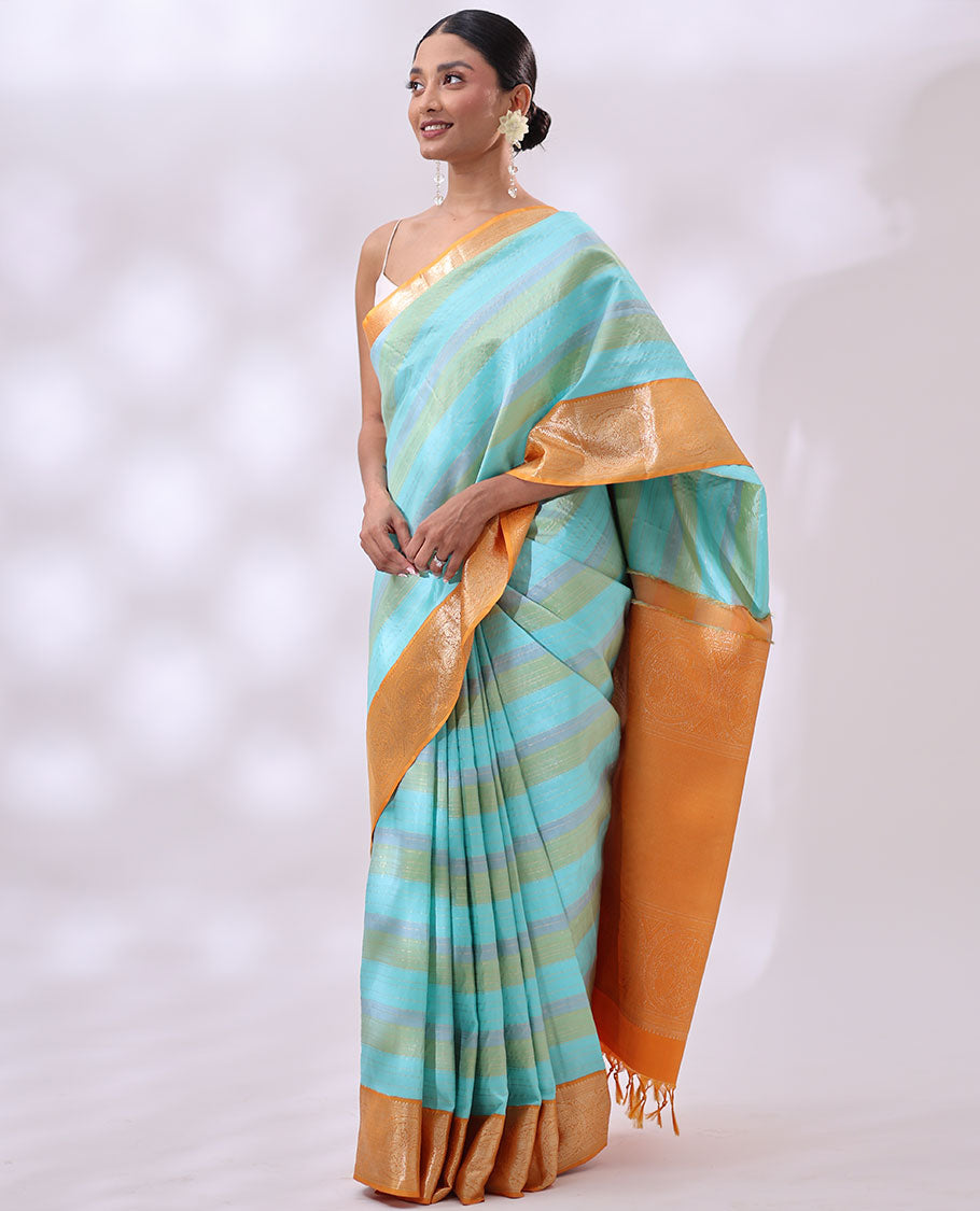 Multi-color striped kancheepuram silk saree with contrast border of banaras, kathir, horse design & intricate zari design pallu