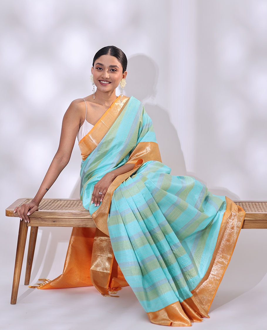 Multi-color striped kancheepuram silk saree with contrast border of banaras, kathir, horse design & intricate zari design pallu