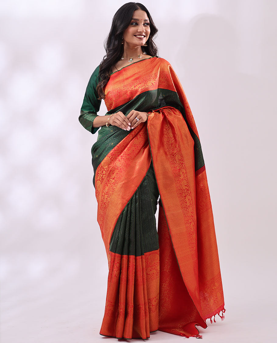 Green striped, floral design kancheepuram silk saree with contrast thilakam mokku, banaras, mayil design & zari design pallu