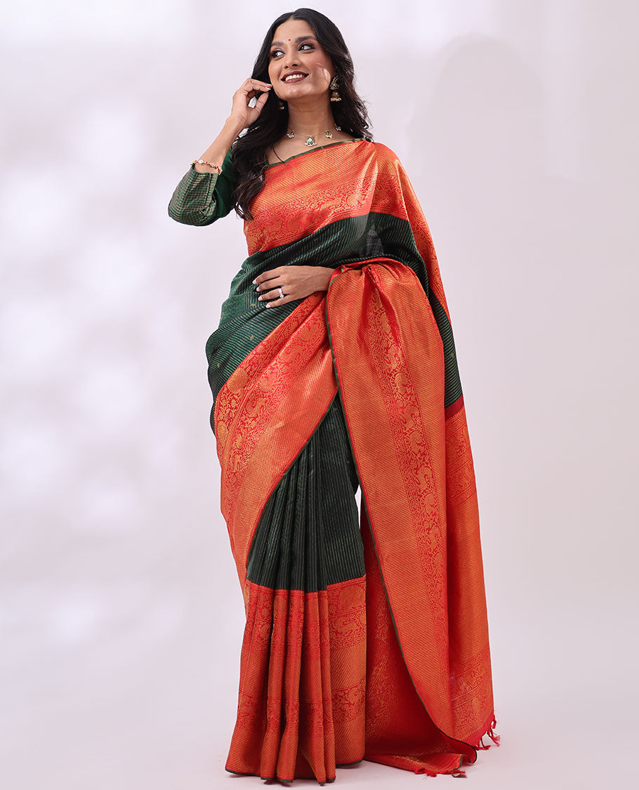 Green striped, floral design kancheepuram silk saree with contrast thilakam mokku, banaras, mayil design & zari design pallu