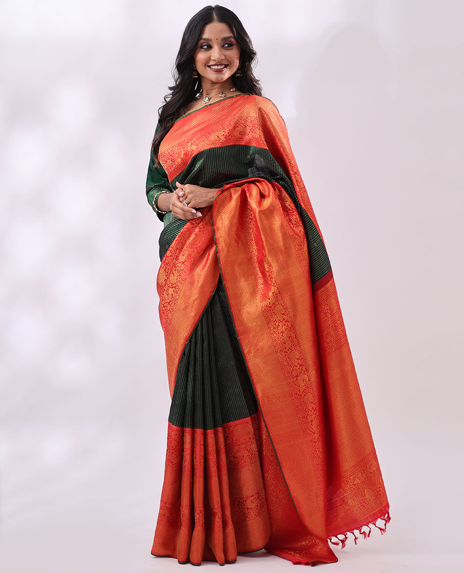 Green striped, floral design kancheepuram silk saree with contrast thilakam mokku, banaras, mayil design & zari design pallu