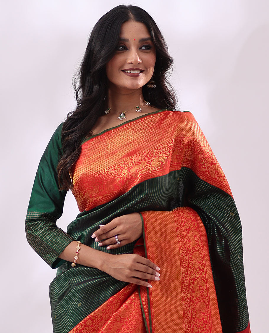 Green striped, floral design kancheepuram silk saree with contrast thilakam mokku, banaras, mayil design & zari design pallu