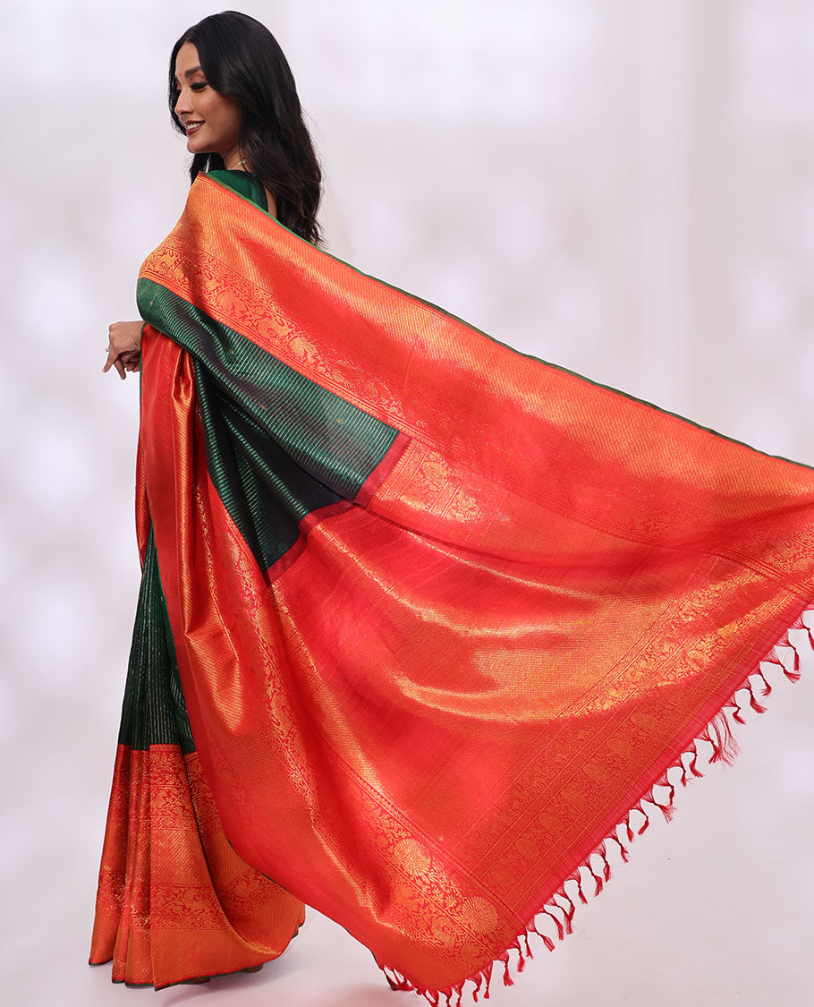 Green striped, floral design kancheepuram silk saree with contrast thilakam mokku, banaras, mayil design & zari design pallu