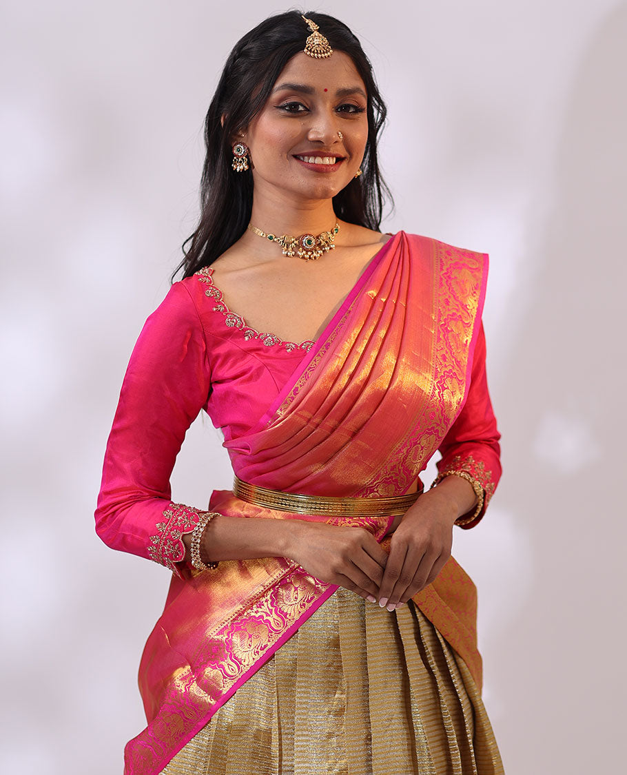 Gold striped silk half saree with contrast intricate zari design, floral embroidery blouse & floral zari design dhavani