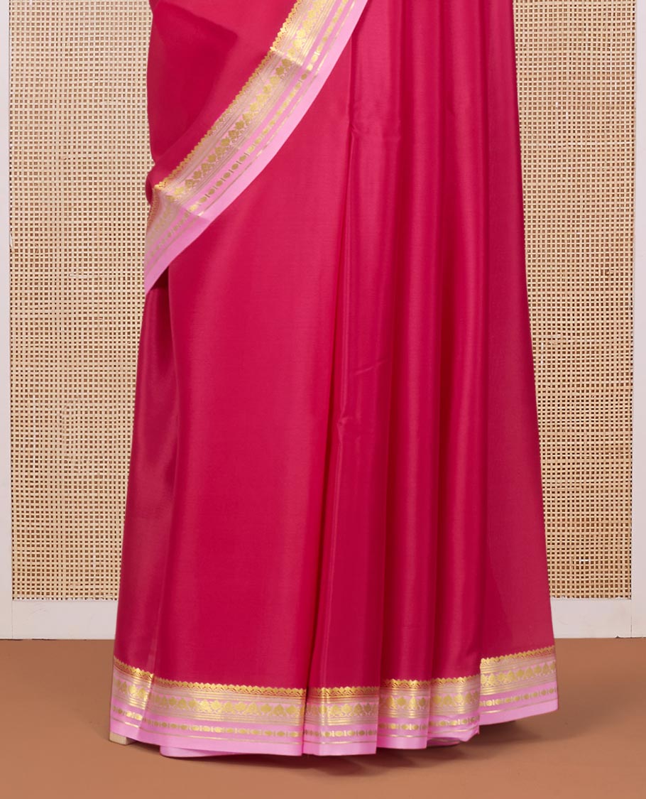 Dark Pink Plain Mysore Silk Saree, Complemented by a Contrast Traditional Zari Design Border, Zari Striped Pallu, and Paired with a Contrast Blouse