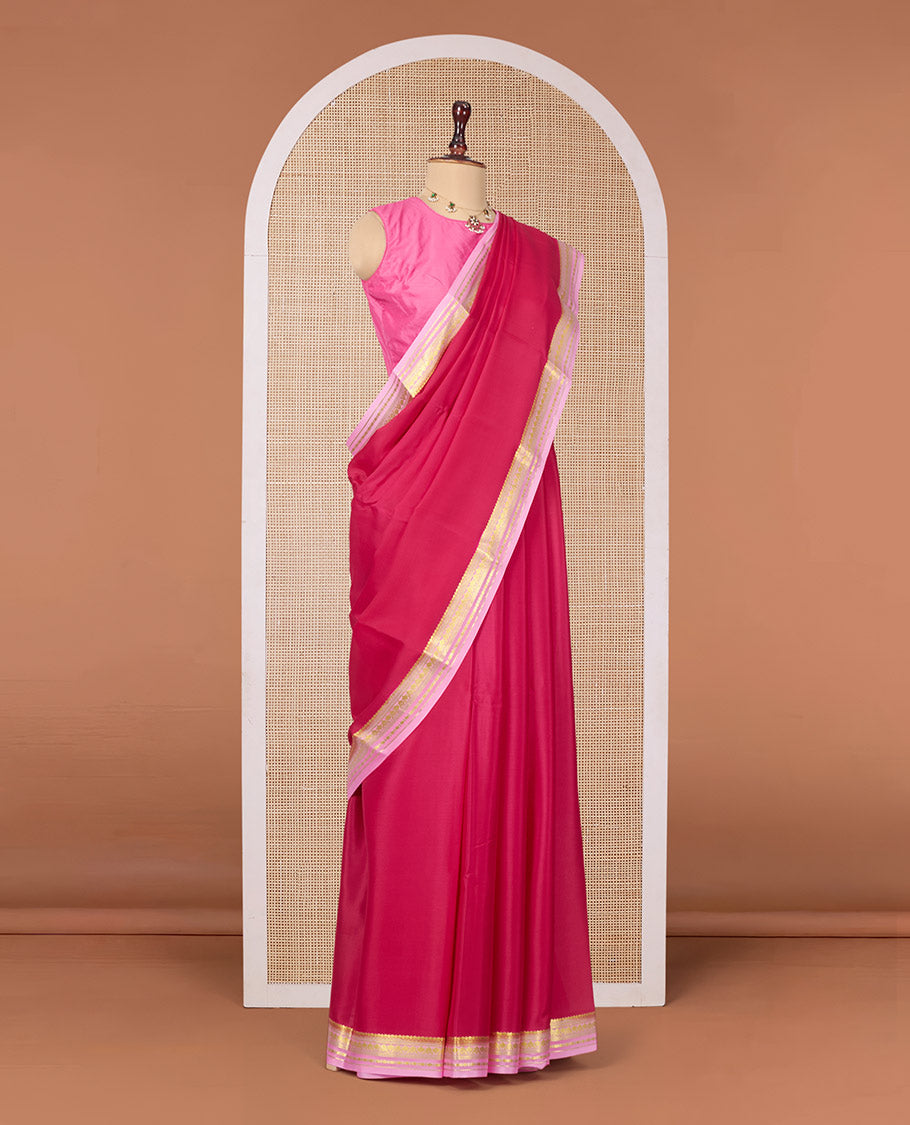 Dark Pink Plain Mysore Silk Saree, Complemented by a Contrast Traditional Zari Design Border, Zari Striped Pallu, and Paired with a Contrast Blouse