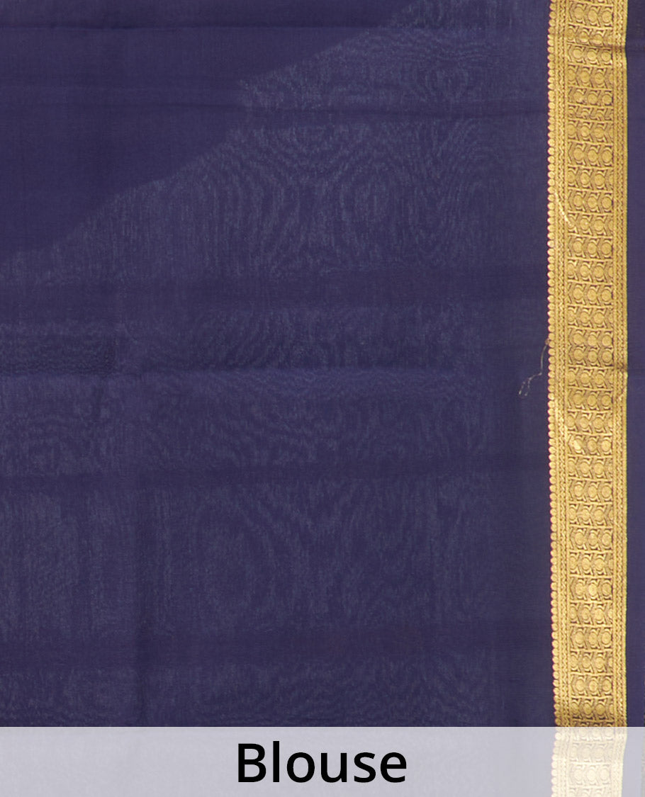 Peacock Blue Plain Mysore Silk Saree, Complemented by a Contrast Traditional Zari Design Border, Zari Striped Pallu, and Paired with a Contrast Blouse