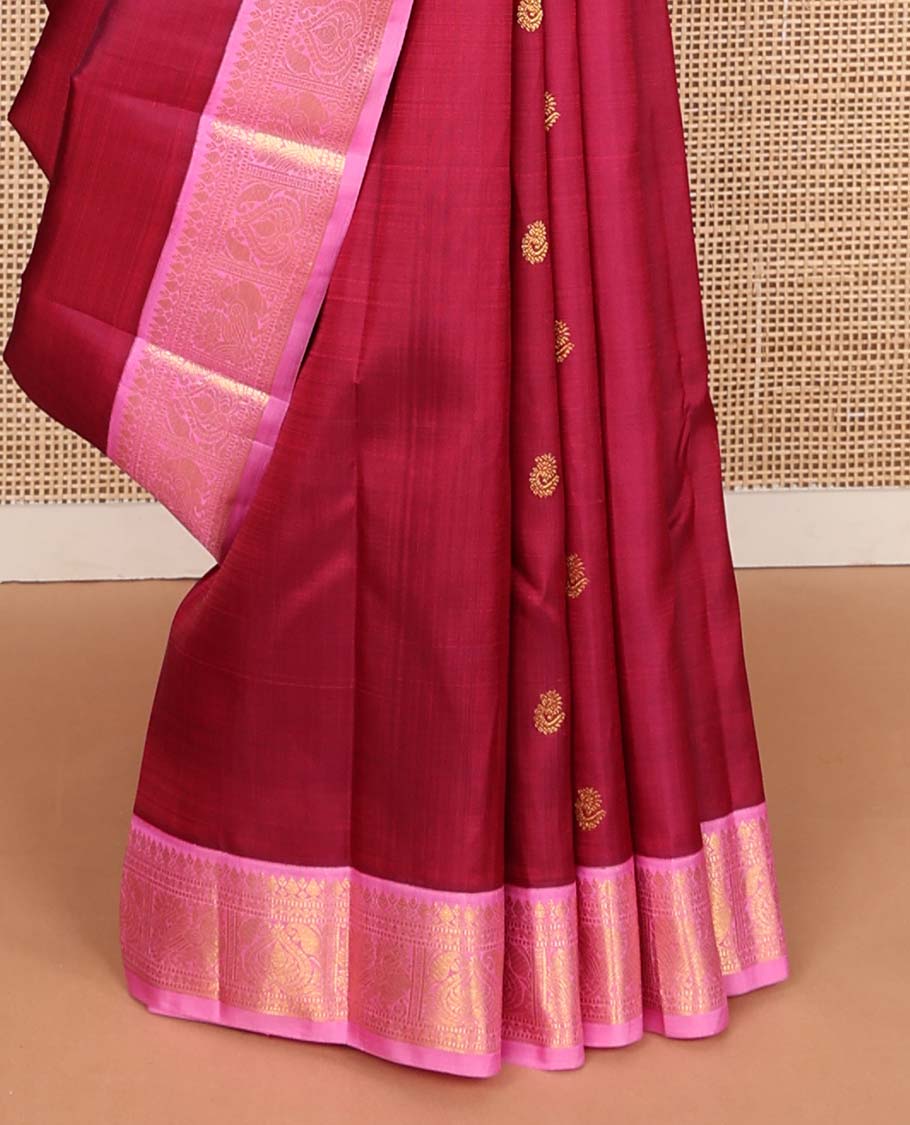 Red zari buttas Kanchipuram korvai silk saree, contrast neer korvai border of thilakam mokku, muthu, rettai neli, and mayil designs, and zari design pallu