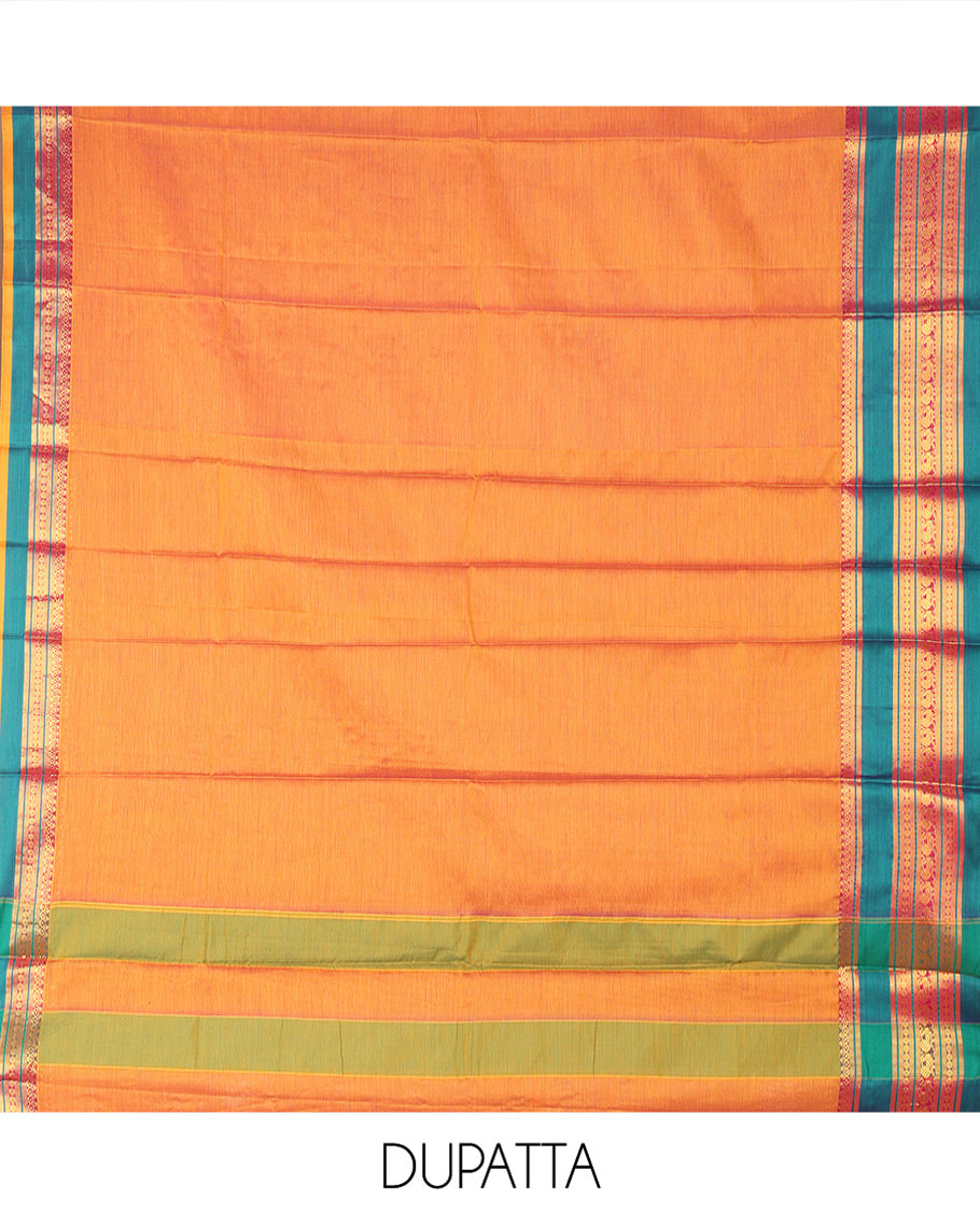 Mango Yellow Mercerised Cotton Material Churidar Features Plain Top, Contrast Rettai Pettu Border, Plain Bottom, Matching Dupatta