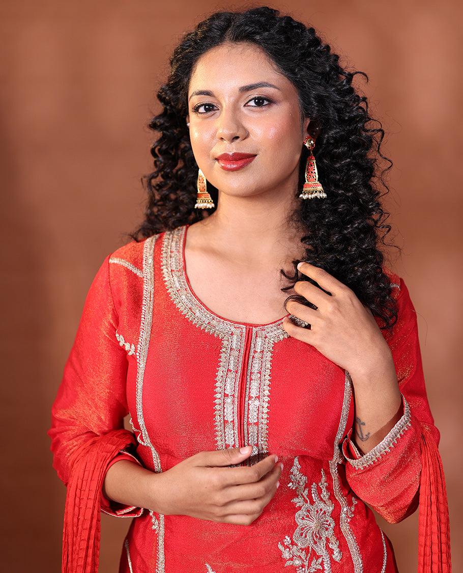 Red Readymade Suit Featuring an Intricately Embroidered Round Neck 3/4th Sleeve Straight-Cut Top, Floral-Embroidered Scallop-Cut Sharara Pants, and a Crushed Dupatta