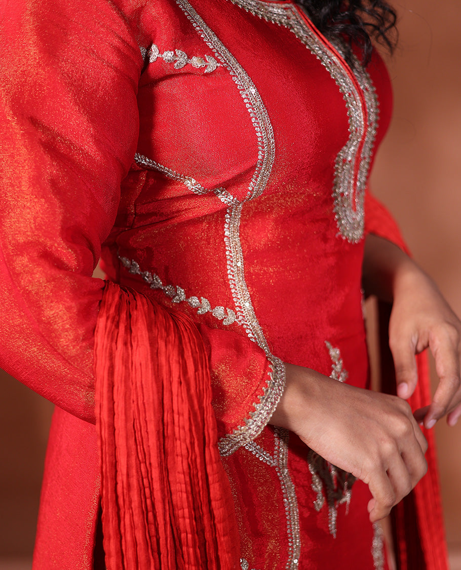 Red Readymade Suit Featuring an Intricately Embroidered Round Neck 3/4th Sleeve Straight-Cut Top, Floral-Embroidered Scallop-Cut Sharara Pants, and a Crushed Dupatta