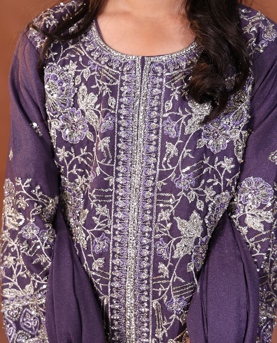 Violet Readymade Suit Featuring an Intricately Floral Embroidered Round-Necked 3/4th Sleeve Top, Floral-Embroidered Sharara Pants, and a Matching Dupatta