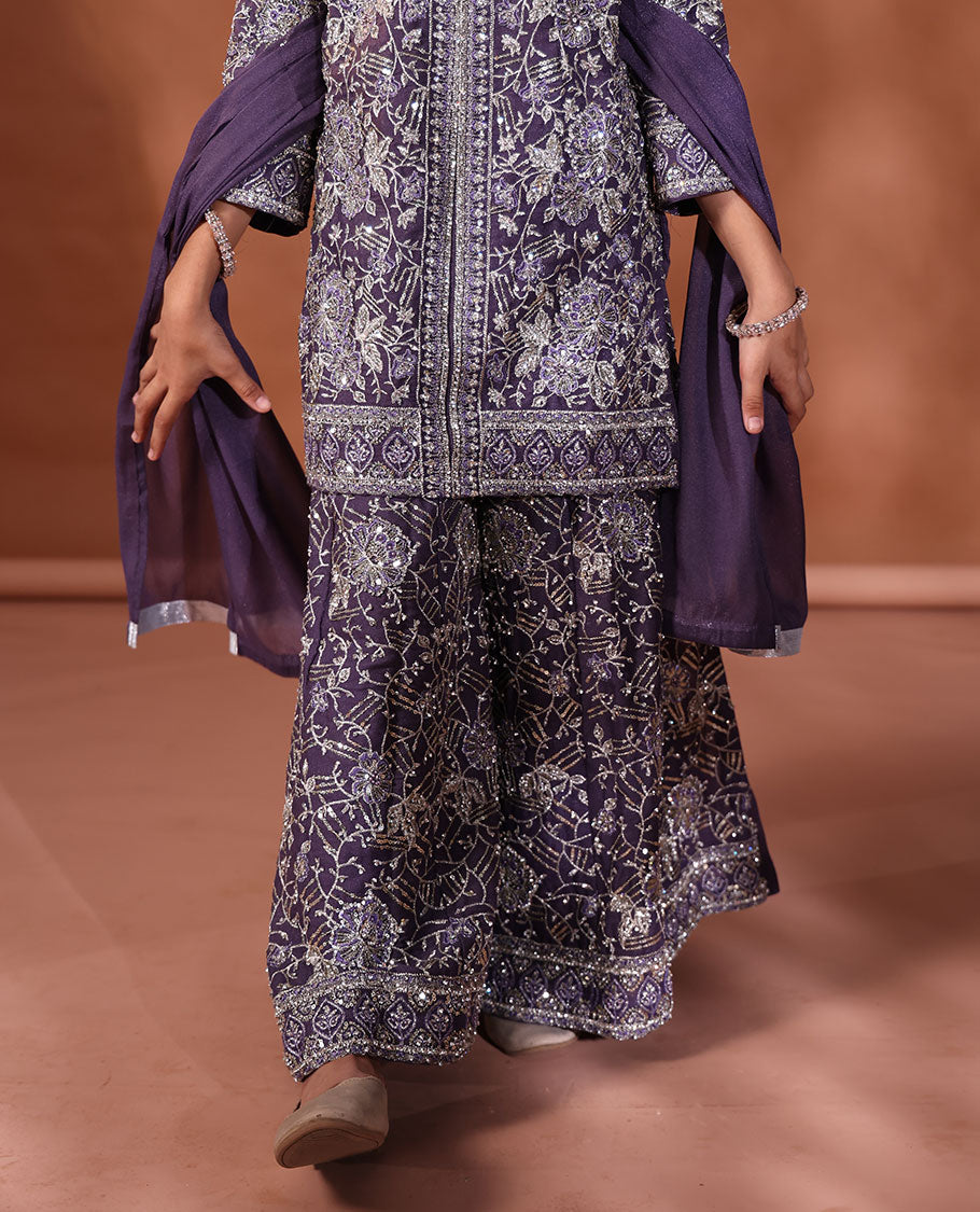 Violet Readymade Suit Featuring an Intricately Floral Embroidered Round-Necked 3/4th Sleeve Top, Floral-Embroidered Sharara Pants, and a Matching Dupatta