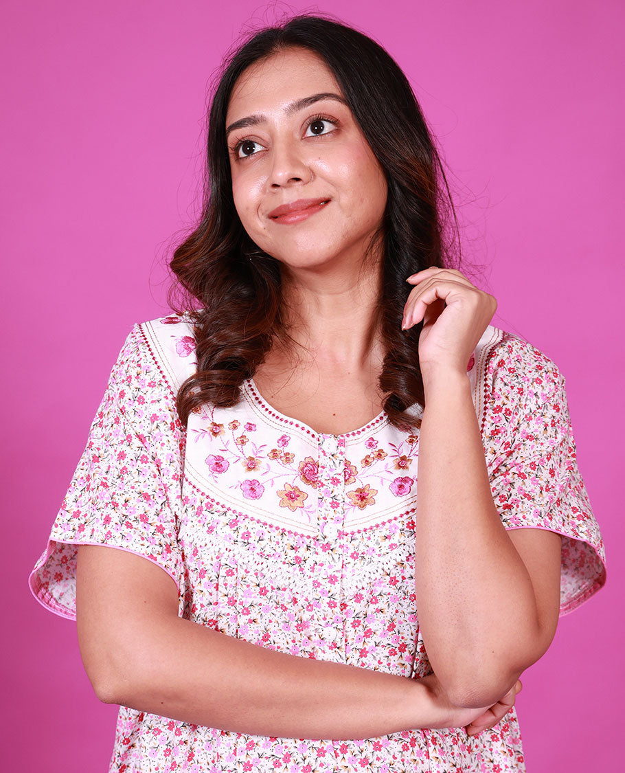 White-pink floral vine printed with neck floral embroidered half-sleeve round neck cotton nighty