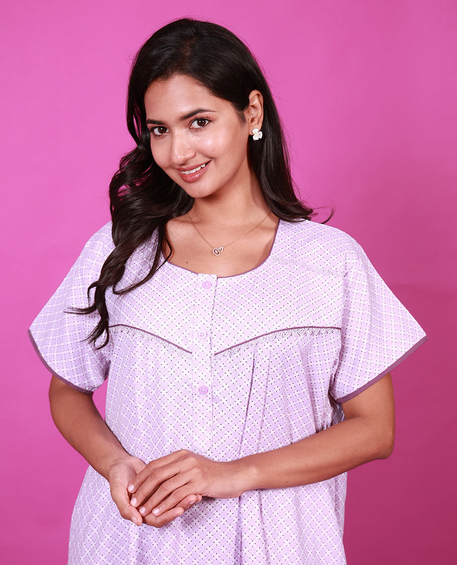 Lavender argyle printed round neck lace work half-sleeve cotton nighty