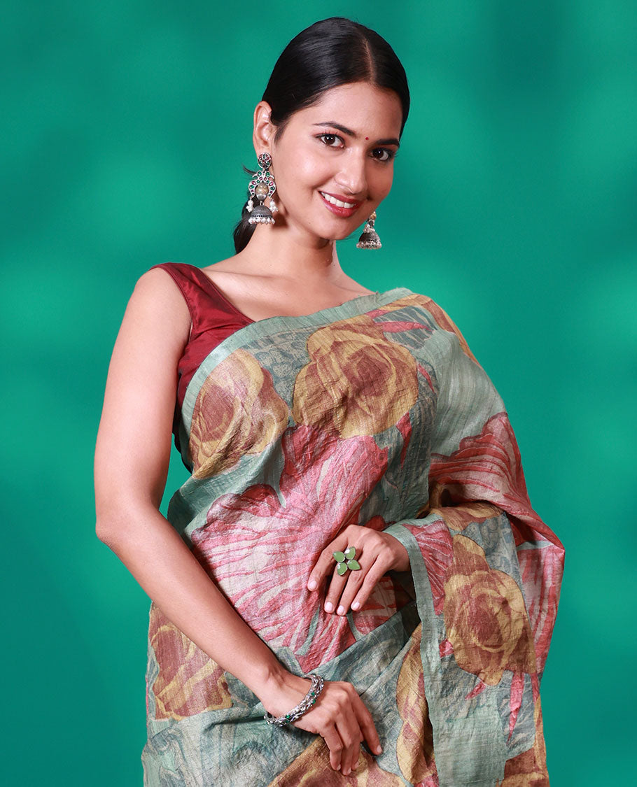 Borderless blue unique floral printed tussar saree