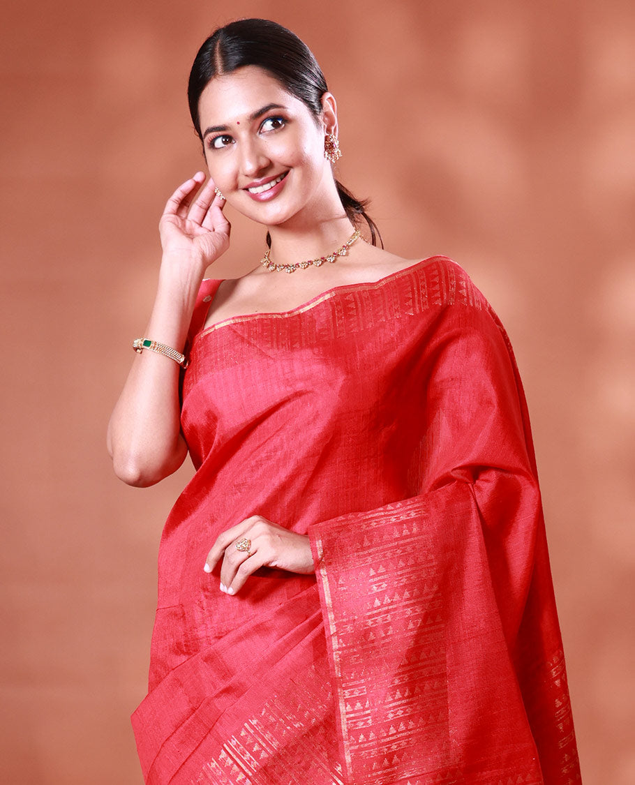 Red plain dupion silk saree, zari border and pallu of temple, and geometric designs