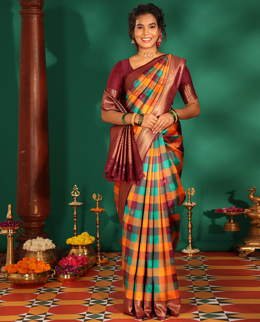 Wine Buttas-Checked Semi-Kanchi Silk Saree, a Traditional Border, Grand Pallu, Matching Blouse