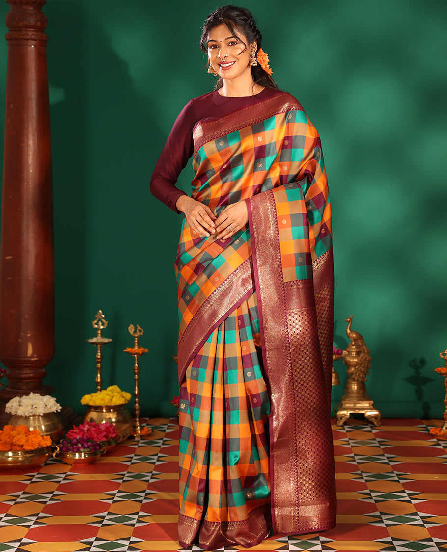 Wine Buttas-Checked Semi-Kanchi Silk Saree, a Traditional Border, Grand Pallu, Matching Blouse