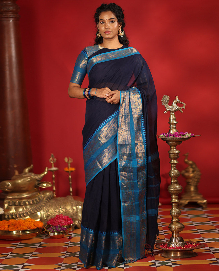 Navy Blue Chettinad Cotton Saree, Contrast Traditional Rettai Pettu Border, Striped Pallu, Matching Blouse