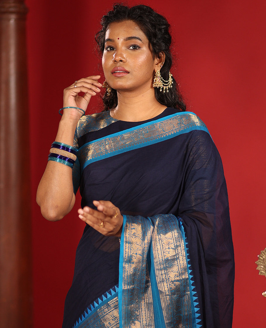 Navy Blue Chettinad Cotton Saree, Contrast Traditional Rettai Pettu Border, Striped Pallu, Matching Blouse