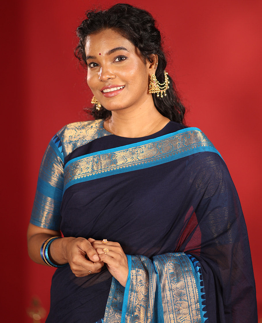 Navy Blue Chettinad Cotton Saree, Contrast Traditional Rettai Pettu Border, Striped Pallu, Matching Blouse