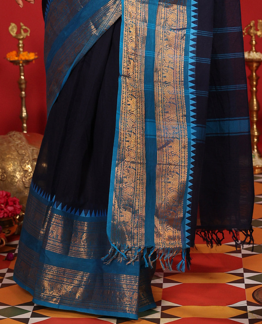 Navy Blue Chettinad Cotton Saree, Contrast Traditional Rettai Pettu Border, Striped Pallu, Matching Blouse