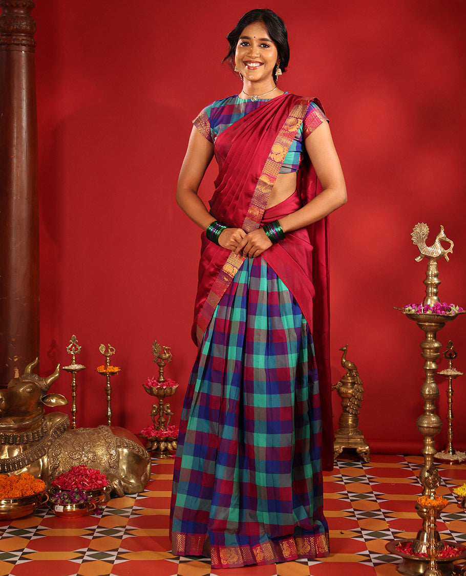 Multi-Color Checked Chettinad Cotton Half-Saree Features a Peacock Border, Matching Blouse, Contrast Dhavani