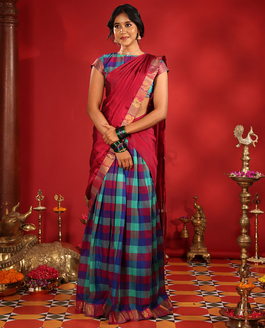Multi-Color Checked Chettinad Cotton Half-Saree Features a Peacock Border, Matching Blouse, Contrast Dhavani