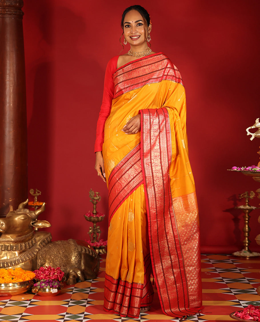 Mustard-Pink Zari Design Budget Silk Saree, a Contrast Traditional Zari Design Big Border, Grand Pallu, Contrast Blouse