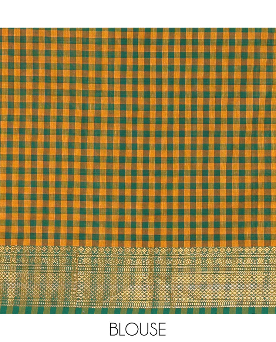 Yellow-Green Chettinad Cotton Micro-Checked Half-Saree, a Traditional Bordered Skirt, a Matching Blouse, Contrast Blouse