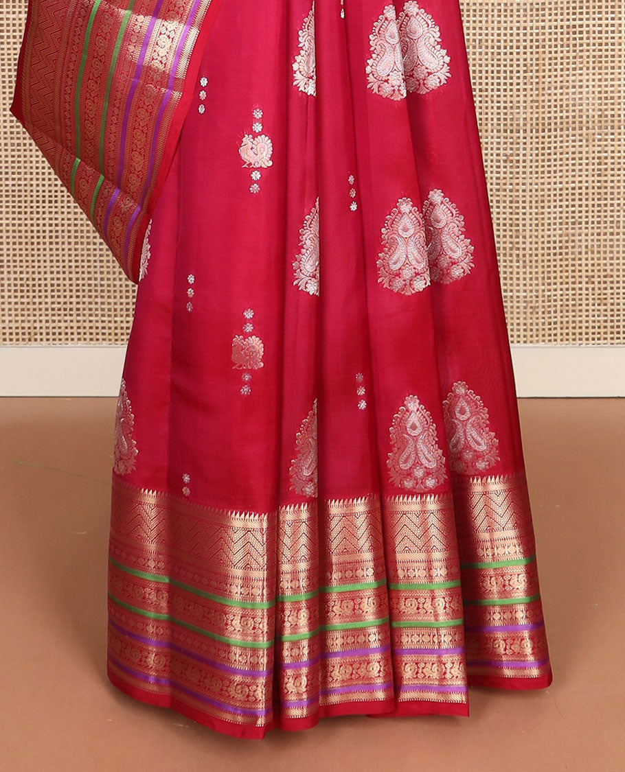 Red zari buttas vasundhara silk mix saree, jaal pallu & self-border of ara bogudi,banaras,muthu,poun,kamalam,neli & mayil