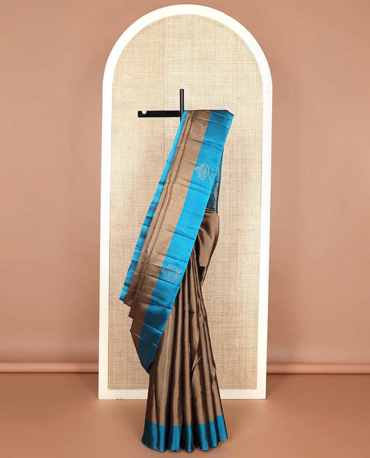 Brown silk mix saree with zari buttas, contrast zari design border & geometric patterned pallu